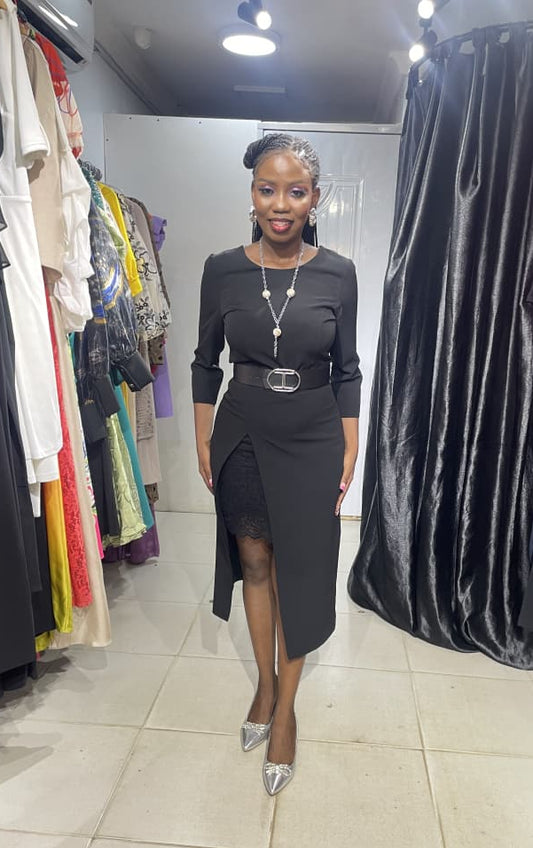 SADOSA Black Dress with Lacey slit and Belt