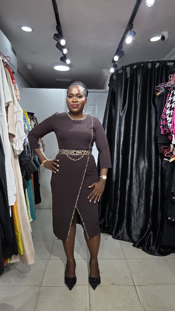 SADOSA Chocolate Brown Dress with Animal print detail and Belt