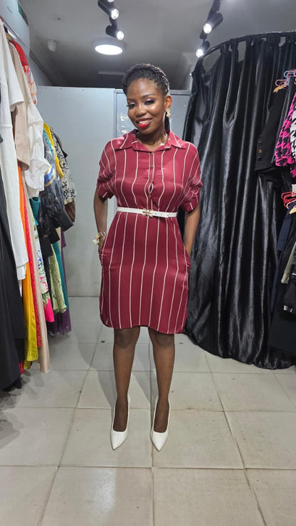 SADOSA Wine Stripped Buttoned detail Dress with Belt