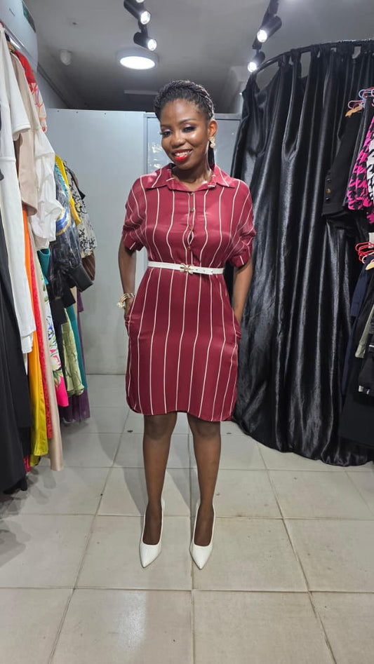 SADOSA Wine Stripped Buttoned detail Dress with Belt