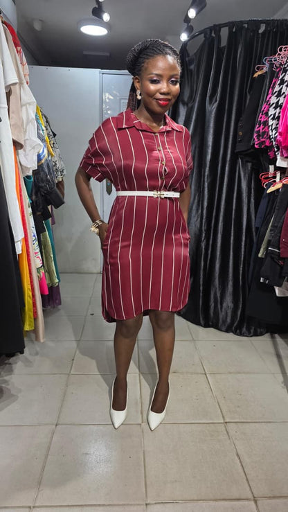 SADOSA Wine Stripped Buttoned detail Dress with Belt