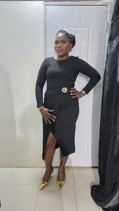 SADOSA Black A-line slit Dress with Gold Detail