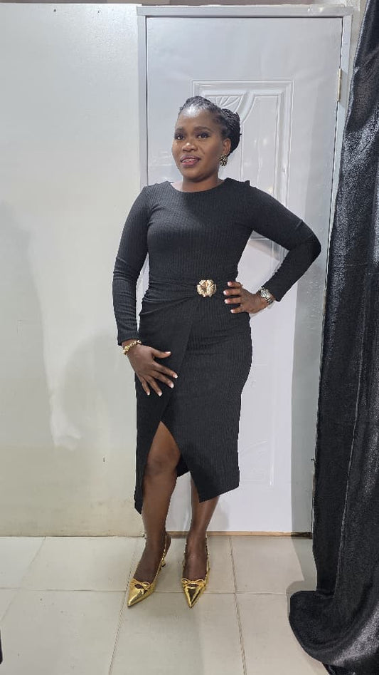 SADOSA Black A-line slit Dress with Gold Detail