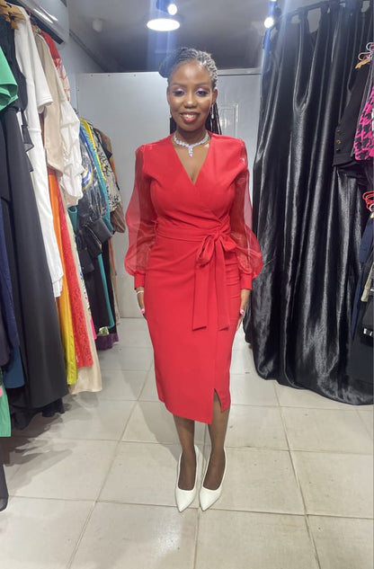 DISE COLLECTION Red overlap Dress with Long sleeve and Belt