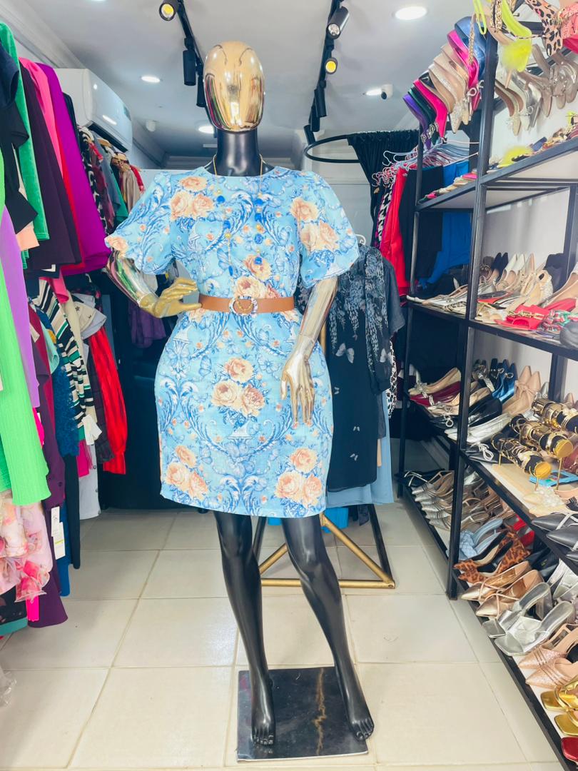 ROXELAN Blue and Brown Print Dress with Belt