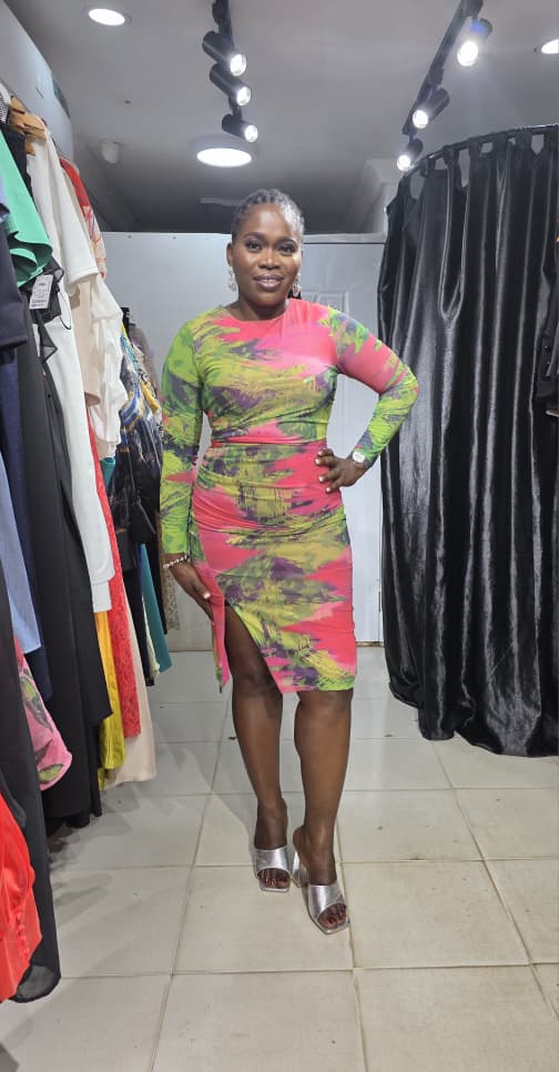 SARA Green and Pink Mesh Dress with Side Pleat