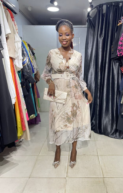 TREND UP Cream and Olive Green Overlap Dress with Belt