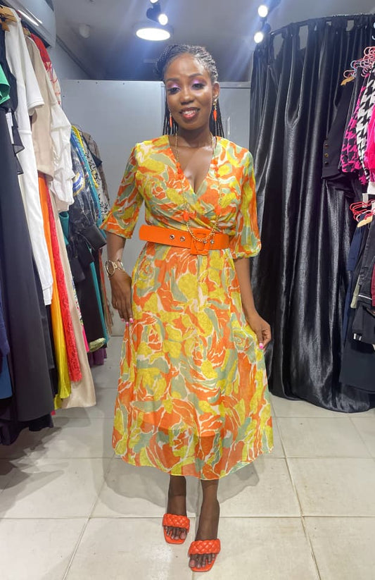 TREND UP Orange and Yellow Overlap Dress with Belt