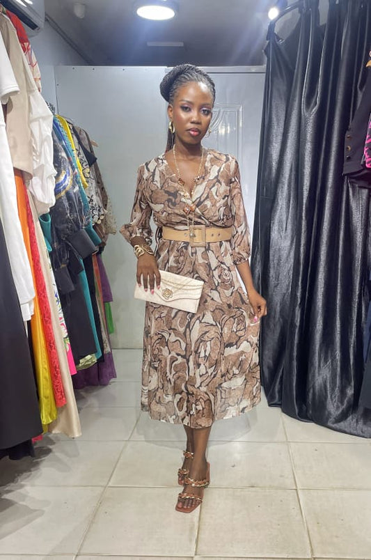 TREND UP Brown and Black Overlap Dress with Belt