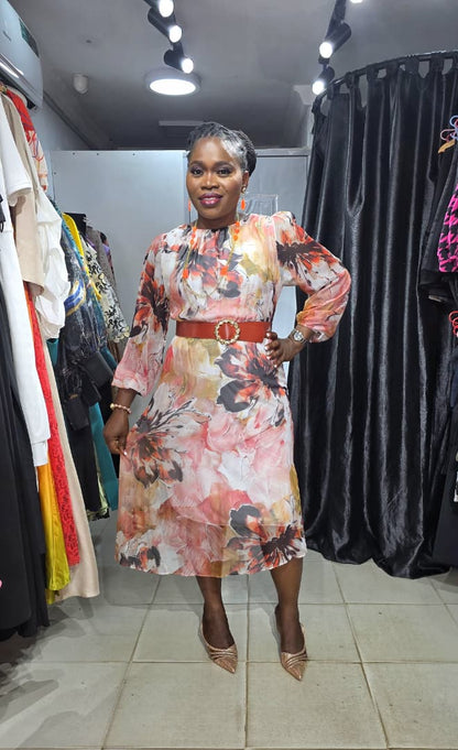 TREND UP Burnt Orange and Light Pink Upper pleat Dress with Belt