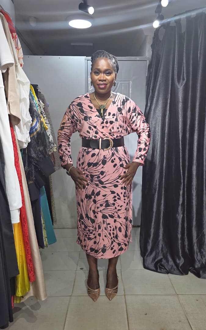 TREND UP Peach Overlap Dress with Black Print and Belt