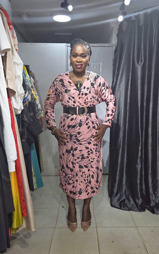 TREND UP Peach Overlap Dress with Black Print and Belt