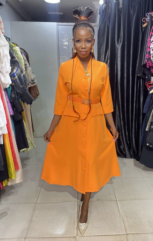 CODEMARK Orange Shirt Dress with Belt and Flower Brooche
