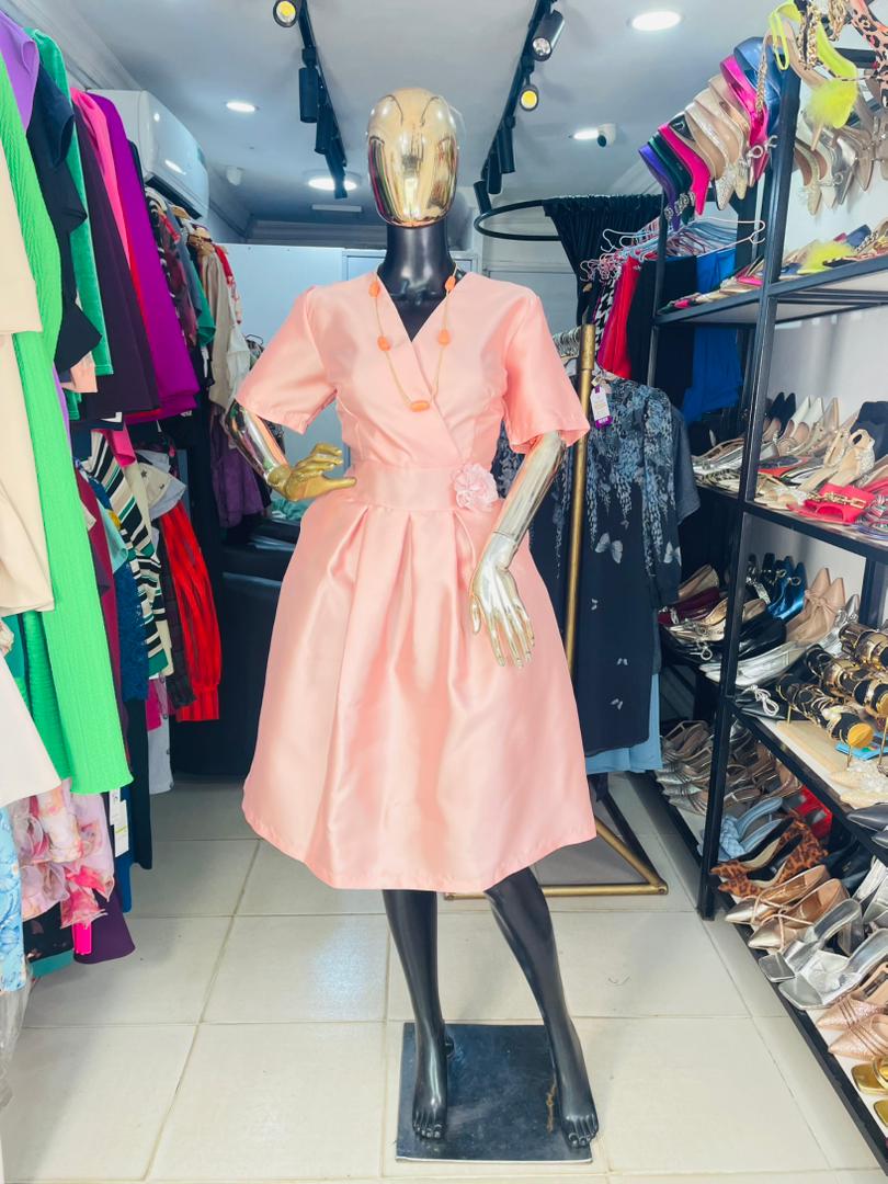 CODEMARK Peach Dress with Kissing Pleat with Flowery Brooche