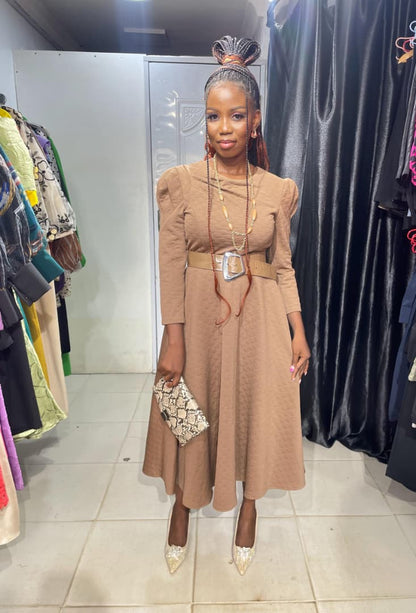 MOI ANGEL Dark Brown Flare Dress with Belt