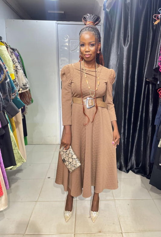 MOI ANGEL Dark Brown Flare Dress with Belt