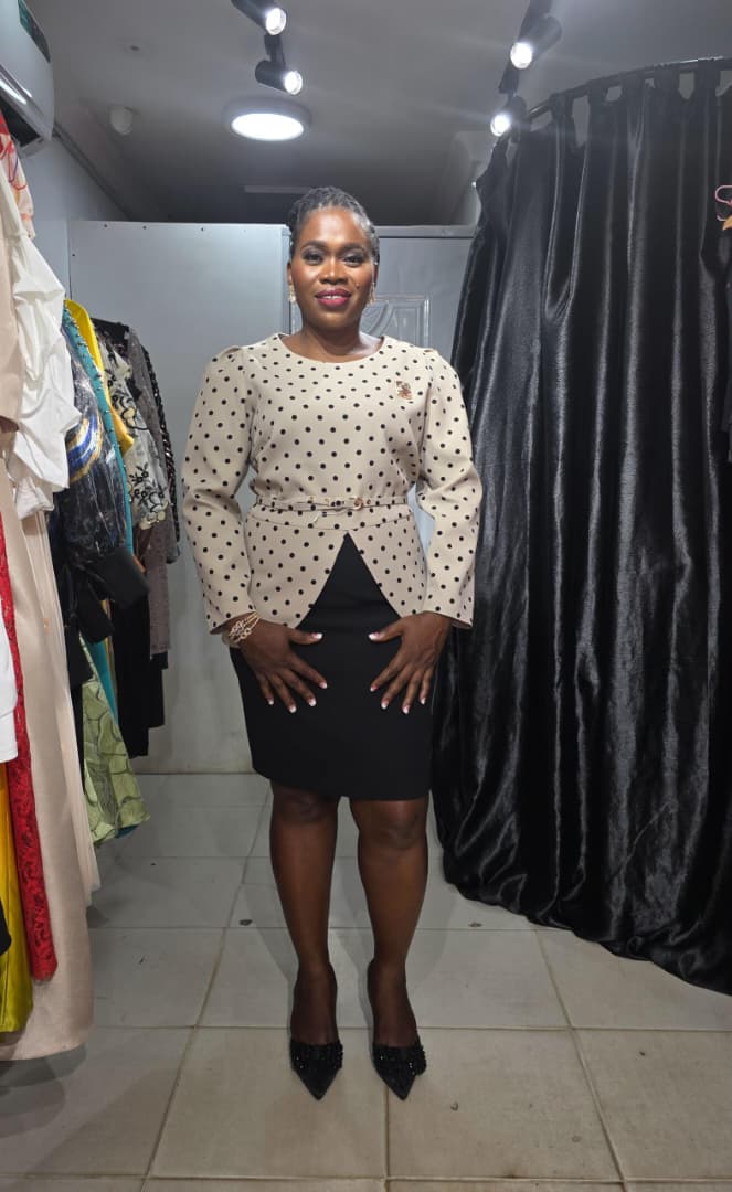 CMA Collection by Oncu Biege and Black Polkadot Dress with Belt and Brooche