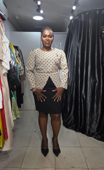 CMA Collection by Oncu Biege and Black Polkadot Dress with Belt and Brooche