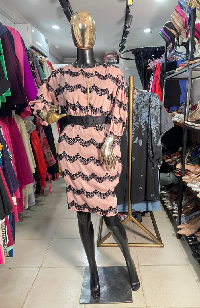 SAN VERA Peach Dress with Black Print and Belt