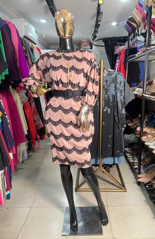 SAN VERA Peach Dress with Black Print and Belt