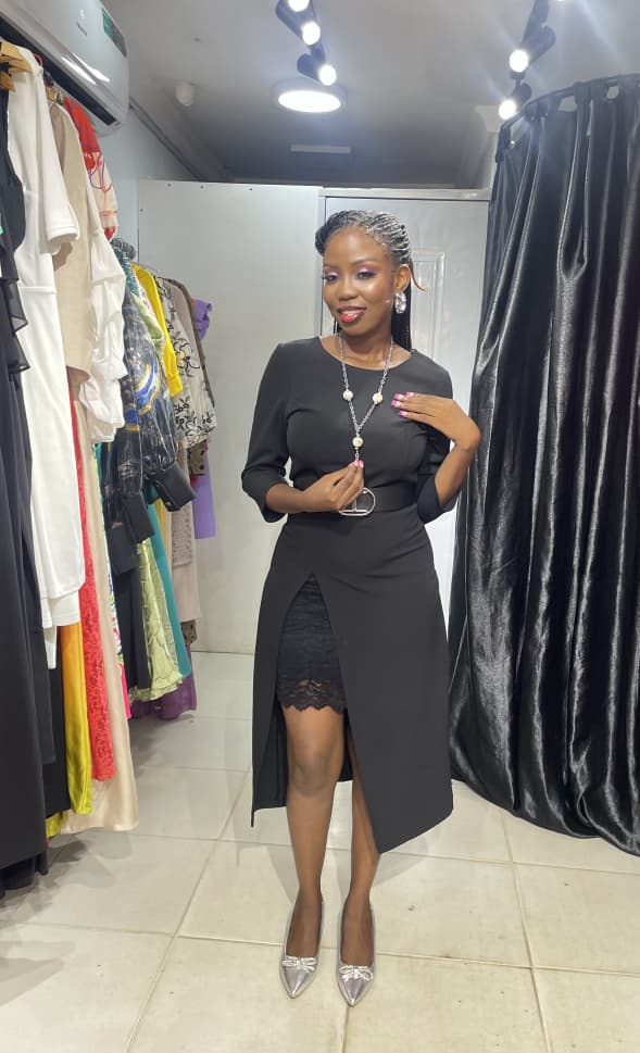 SADOSA Black Dress with Lacey slit and Belt