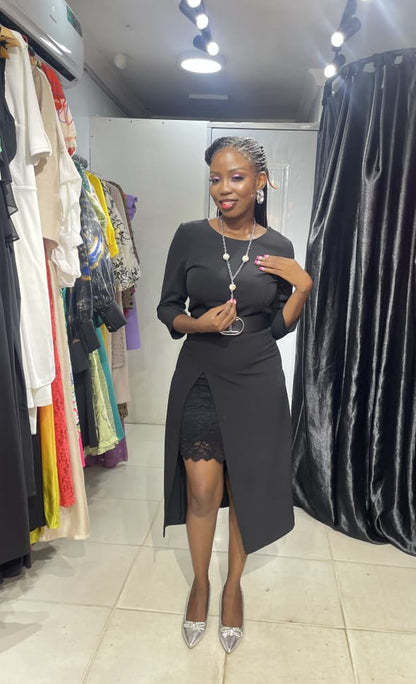 SADOSA Black Dress with Lacey slit and Belt