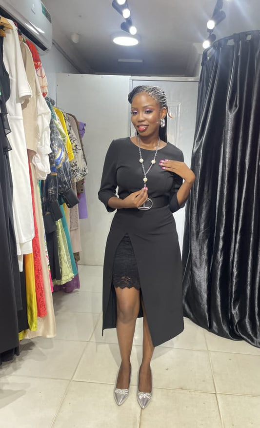 SADOSA Black Dress with Lacey slit and Belt