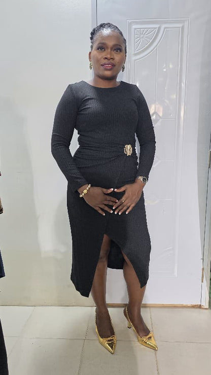 SADOSA Black A-line slit Dress with Gold Detail