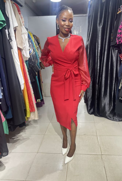 DISE COLLECTION Red overlap Dress with Long sleeve and Belt