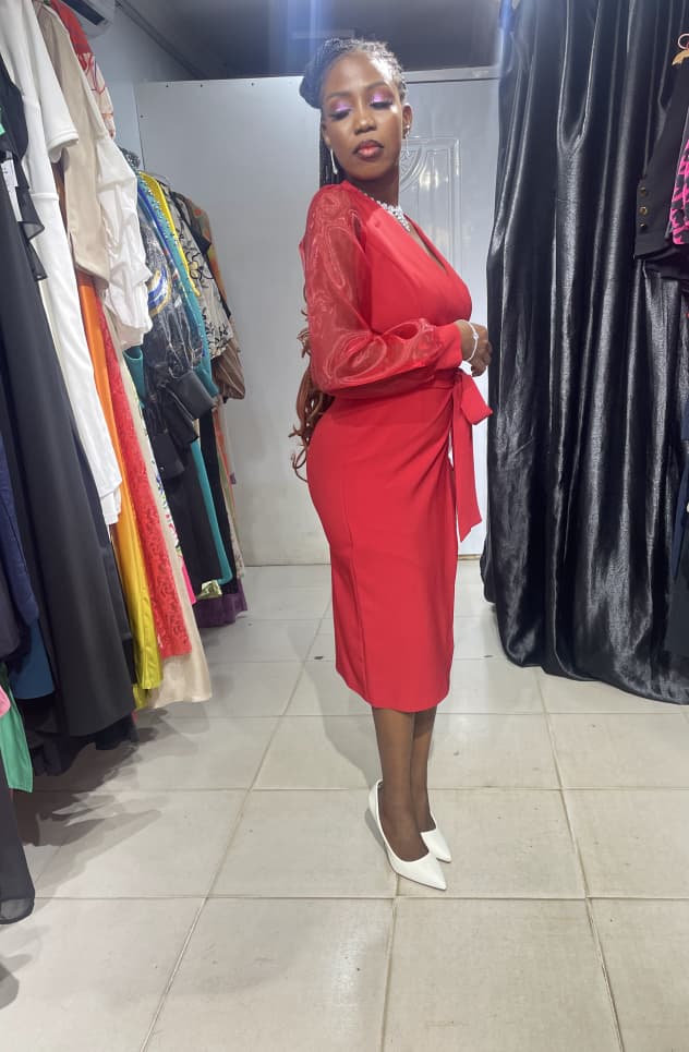 DISE COLLECTION Red overlap Dress with Long sleeve and Belt