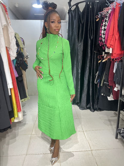 KAMEYA Green A-Line Dress with Pleat Detail