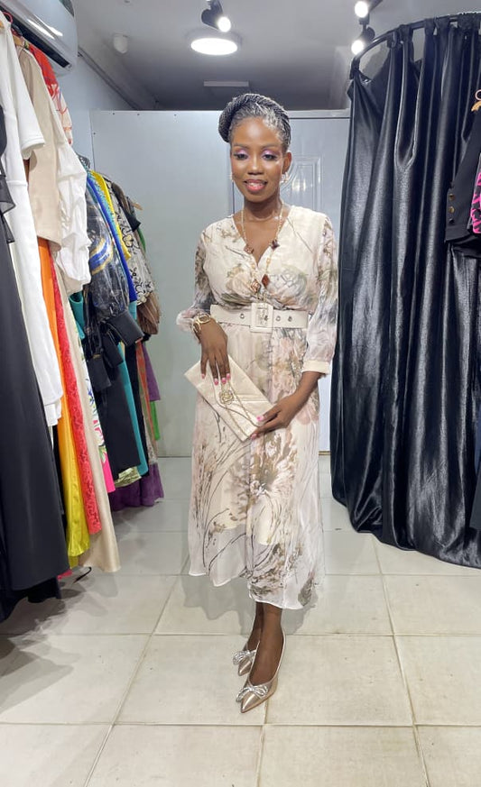 TREND UP Cream and Olive Green Overlap Dress with Belt