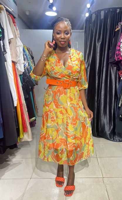 TREND UP Orange and Yellow Overlap Dress with Belt
