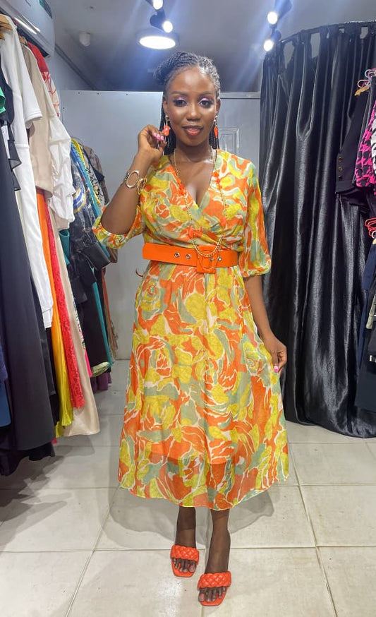 TREND UP Orange and Yellow Overlap Dress with Belt