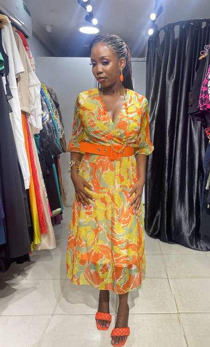 TREND UP Orange and Yellow Overlap Dress with Belt