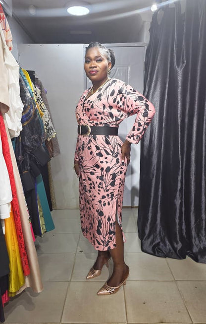 TREND UP Peach Overlap Dress with Black Print and Belt