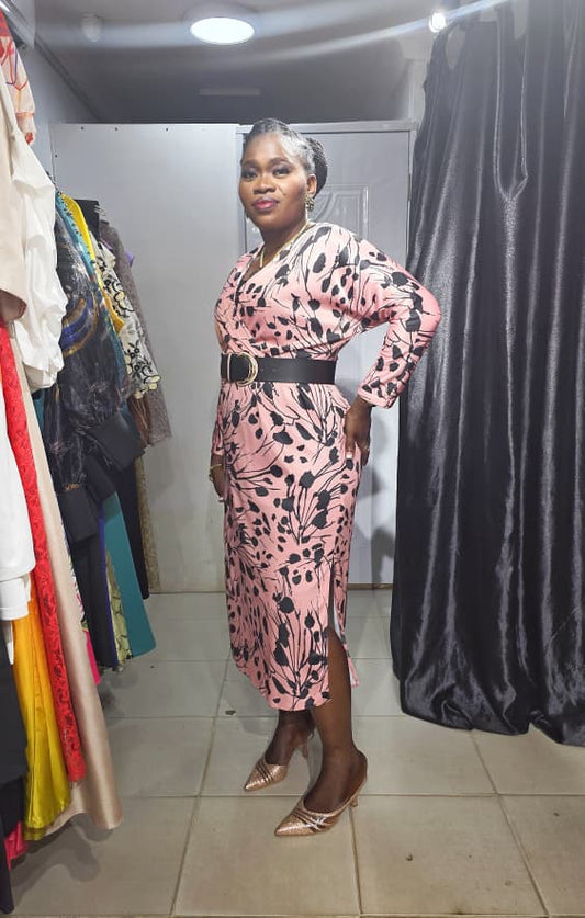 TREND UP Peach Overlap Dress with Black Print and Belt