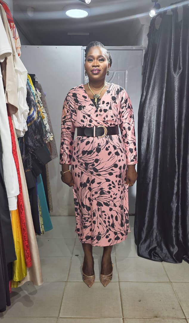 TREND UP Peach Overlap Dress with Black Print and Belt