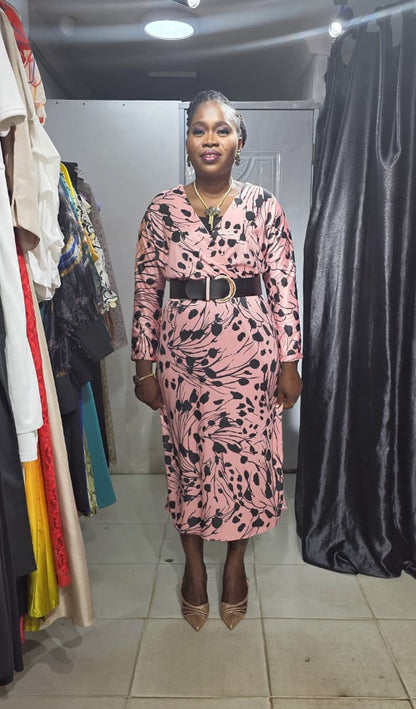 TREND UP Peach Overlap Dress with Black Print and Belt