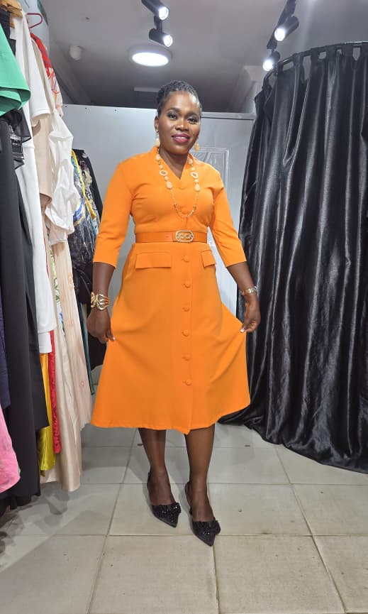 CODEMARK Orange Shirt Dress with Belt and Flower Brooche