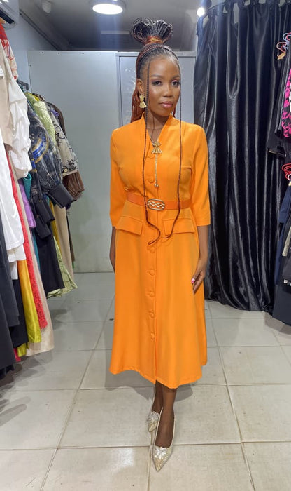 CODEMARK Orange Shirt Dress with Belt and Flower Brooche