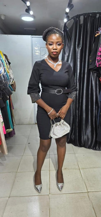 SAN VERA Black Dress with Stoned Sleeve and Belt
