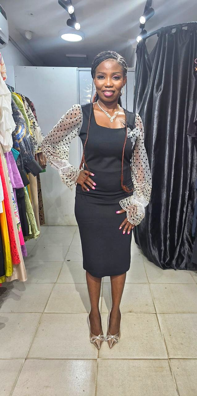 KAUSI   Black Dress with Polkadot Sleeve and Brooche