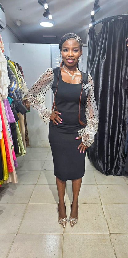 KAUSI   Black Dress with Polkadot Sleeve and Brooche
