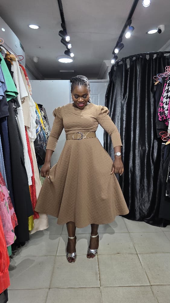 MOI ANGEL Dark Brown Flare Dress with Belt