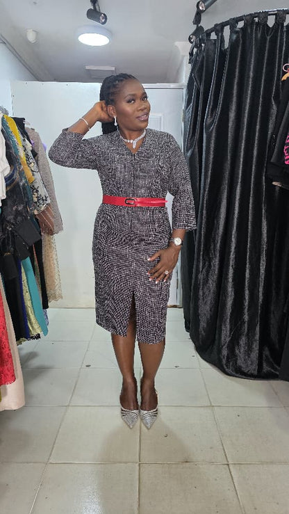 CMA Collection by Oncu Black and White tweed-patterned Dress with Belt