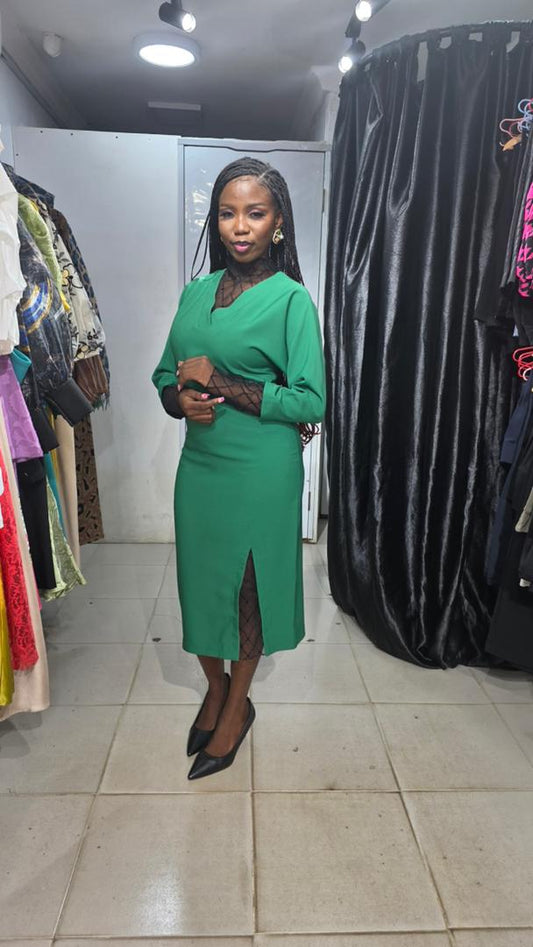 SAN VERA Green and Black Dress with Lace Neckline with front lacey Slit
