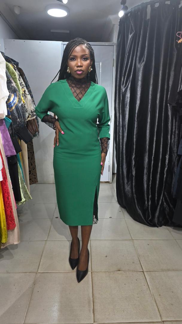 SAN VERA Green and Black Dress with Lace Neckline with front lacey Slit