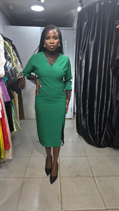 SAN VERA Green and Black Dress with Lace Neckline with front lacey Slit