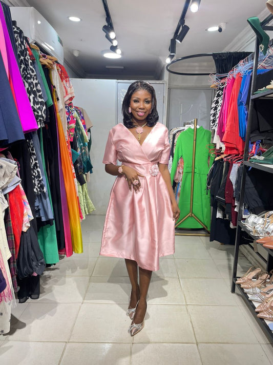CODEMARK Peach Dress with Kissing Pleat with Flowery Brooche